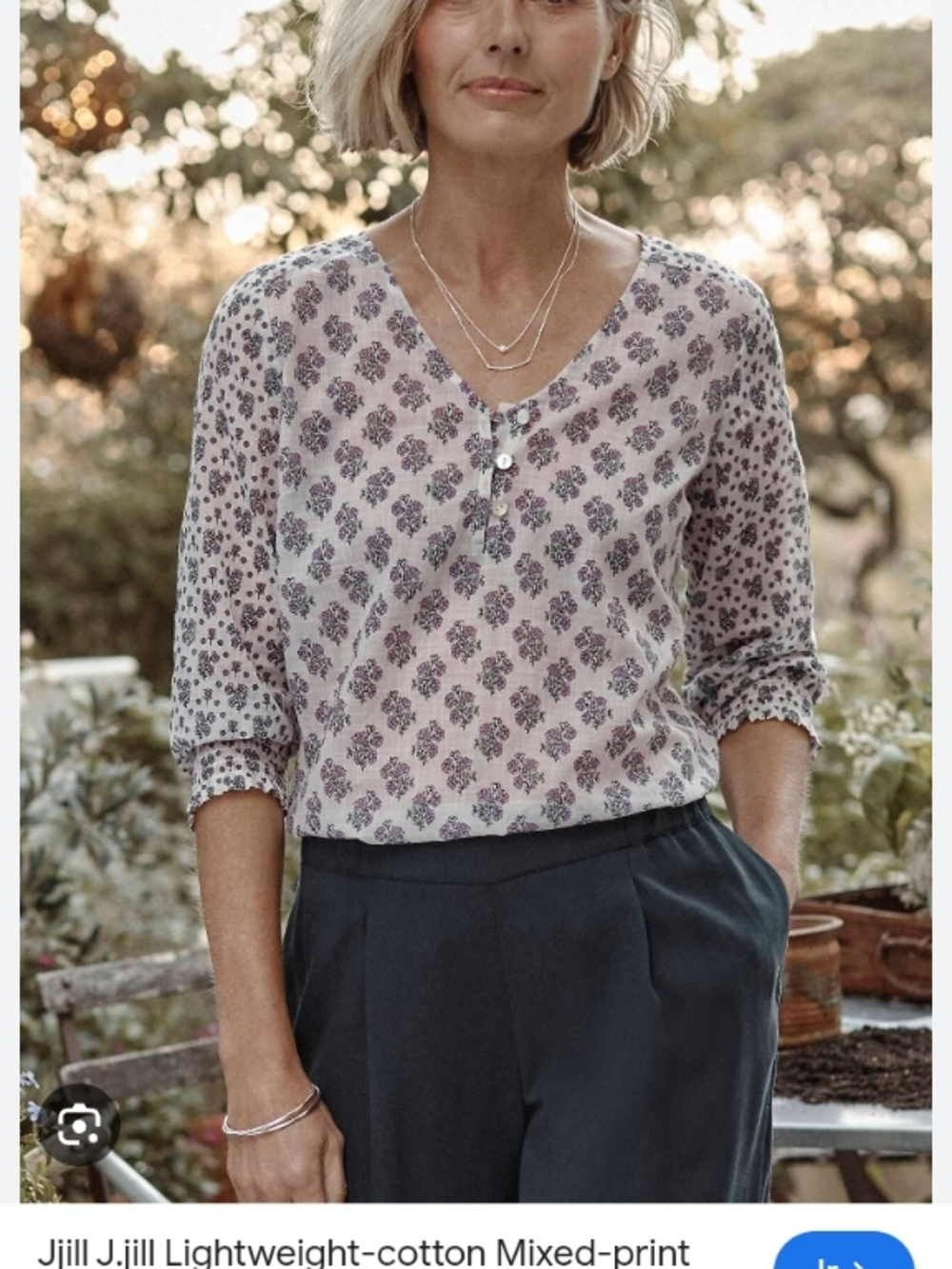 J. Jill Cream Floral Print Lightweight Cotton Blouse
